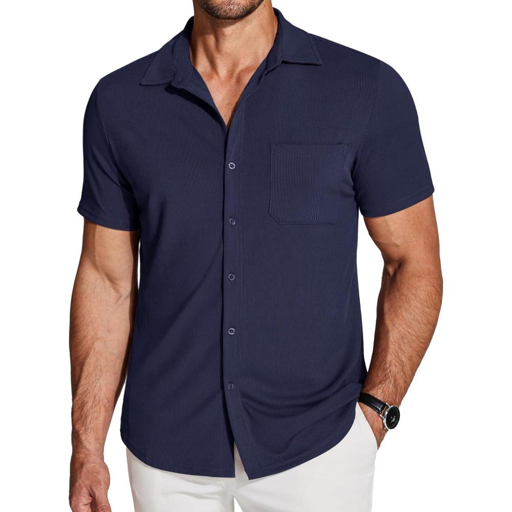 imageCOOFANDY Mens Ribbed Button Down Shirts Short Sleeve Casual Shirt with Pocket Summer Beach Camp TopsNavy Blue