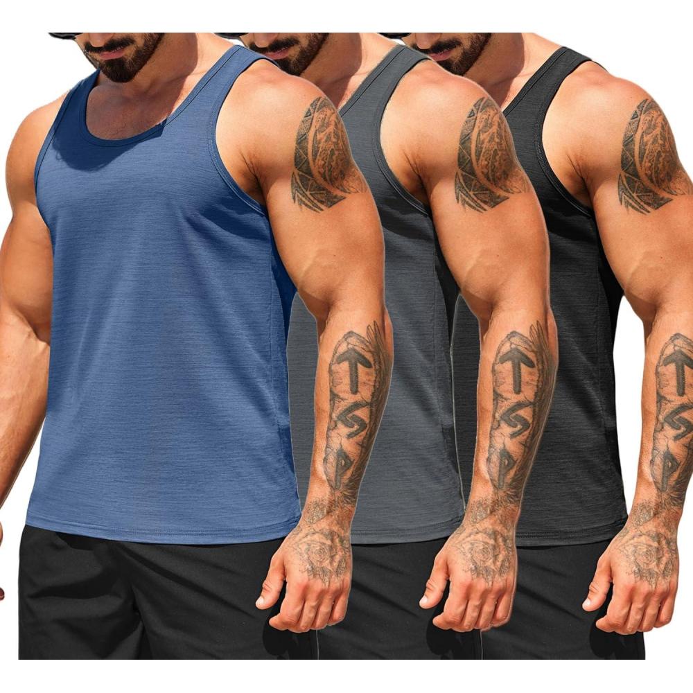 imageCOOFANDY Mens Workout Tank Tops Pack Dry Fit Sleeveless Running Shirts Gym Muscle Bodybuilding T ShirtsBlackDark GreyNavy Blue