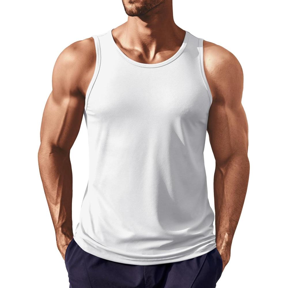 imageCOOFANDY Mens Workout Tank Tops UPF 50 Sleeveless Gym Muscle Shirts Cooling Quick Dry Bodybuilding Tanks for Swim Beach02 White