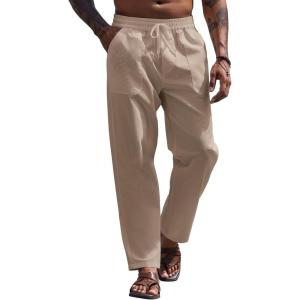 COOFANDY Linen Pants Mens Lightweight Linen Pants Elastic Waist Beach Yoga Summer Trousers(Khaki)