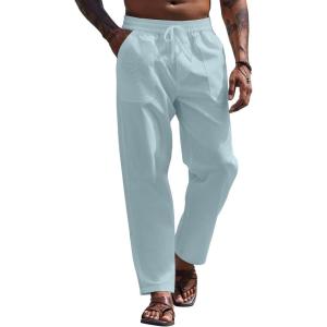 COOFANDY Linen Pants Mens Lightweight Linen Pants Elastic Waist Beach Yoga Summer Trousers(Sky Blue)