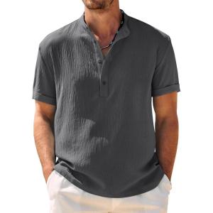COOFANDY Men’s Casual Henley Shirt Band Collar Short Sleeve Shirt Summer Beach Hippie T-Shirt(Dark Gray)