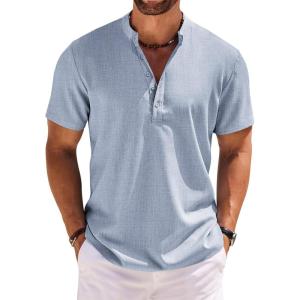 COOFANDY Men’s Casual Henley Shirt Band Collar Short Sleeve Shirt Summer Beach Hippie T-Shirt(Light Denim Blue)