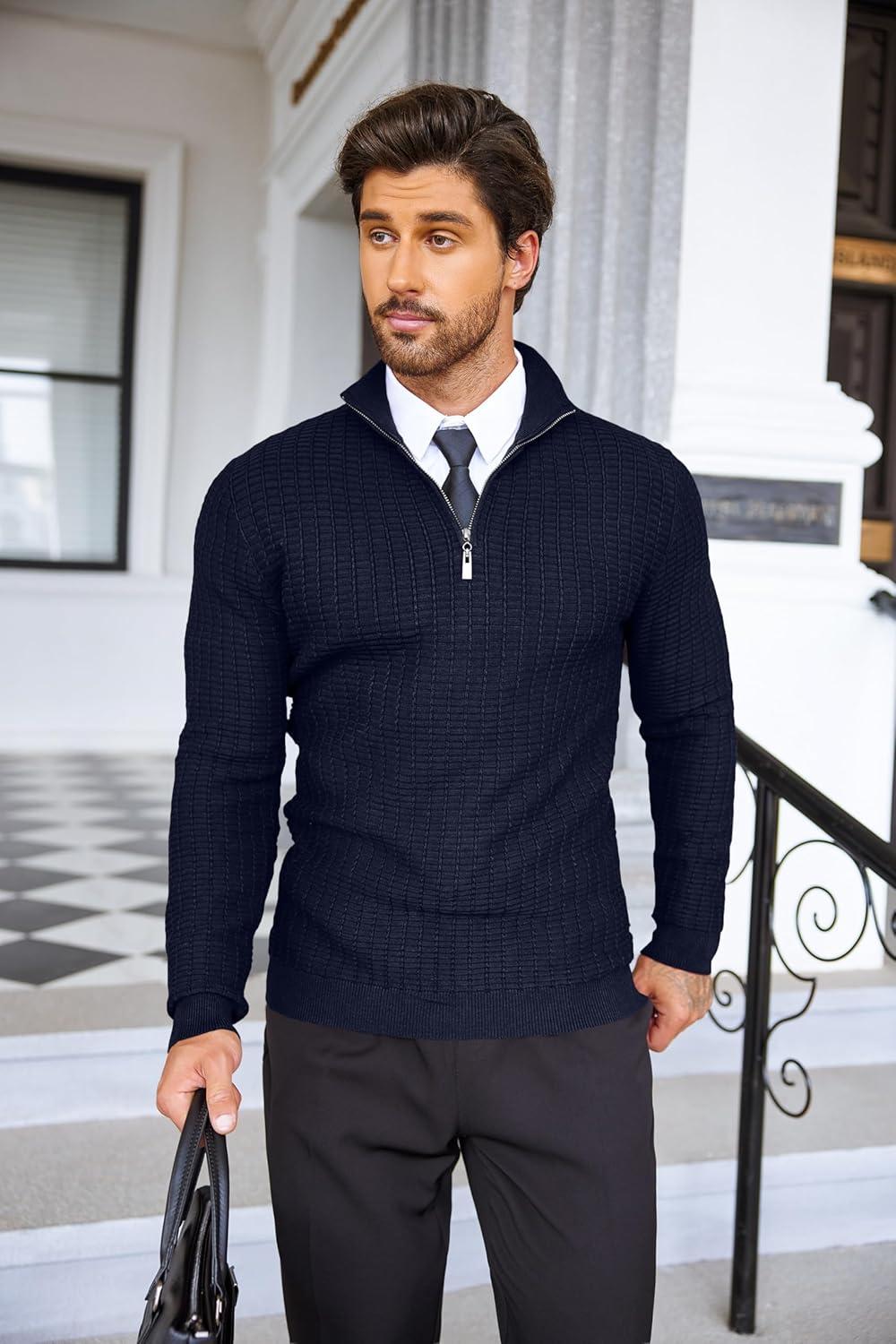 imageCOOFANDY Mens Quarter Zip Sweaters Slim Fit Lightweight Cotton Knitted Casual Mock Neck Pullover SweatersNavy Blue