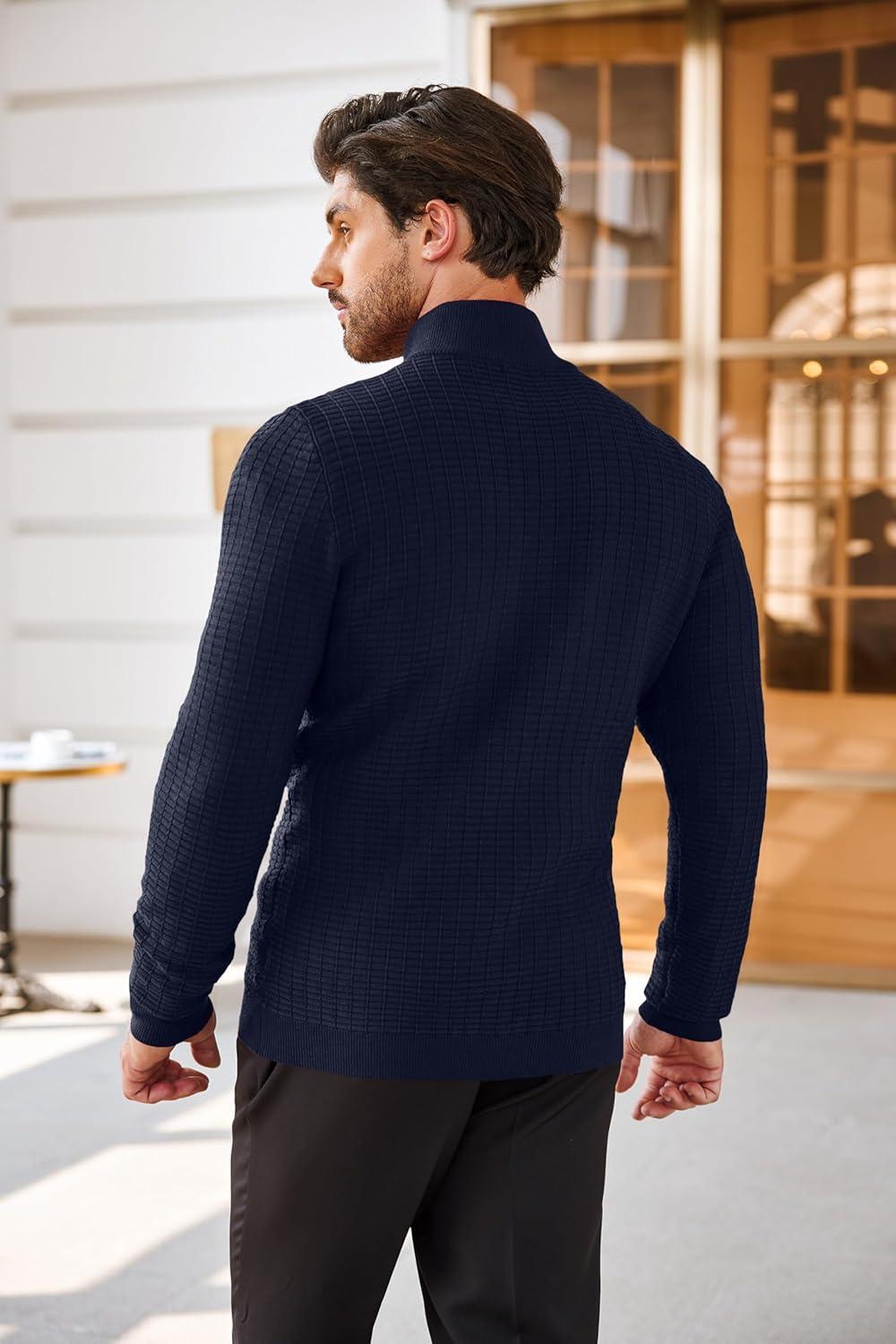 imageCOOFANDY Mens Quarter Zip Sweaters Slim Fit Lightweight Cotton Knitted Casual Mock Neck Pullover SweatersNavy Blue