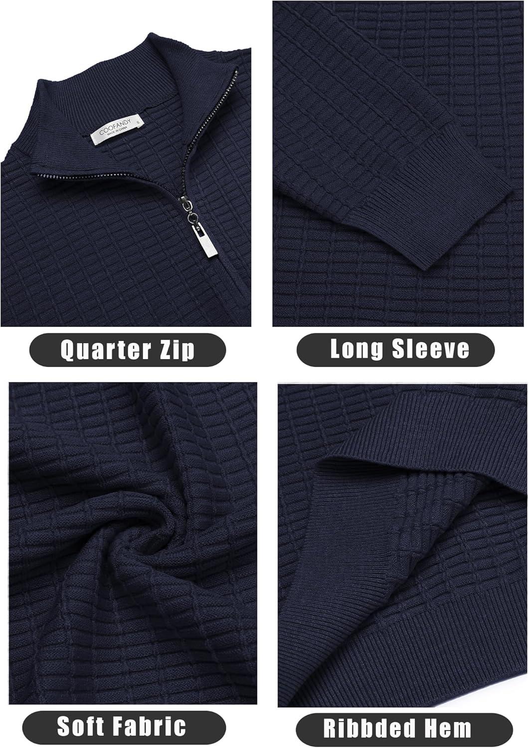 imageCOOFANDY Mens Quarter Zip Sweaters Slim Fit Lightweight Cotton Knitted Casual Mock Neck Pullover SweatersNavy Blue