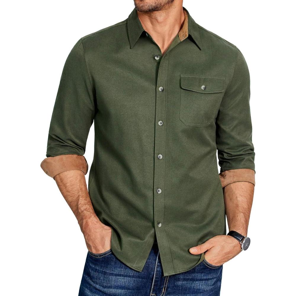 imageCOOFANDY Mens Plaid Long Sleeve Button Down ShirtArmy Green