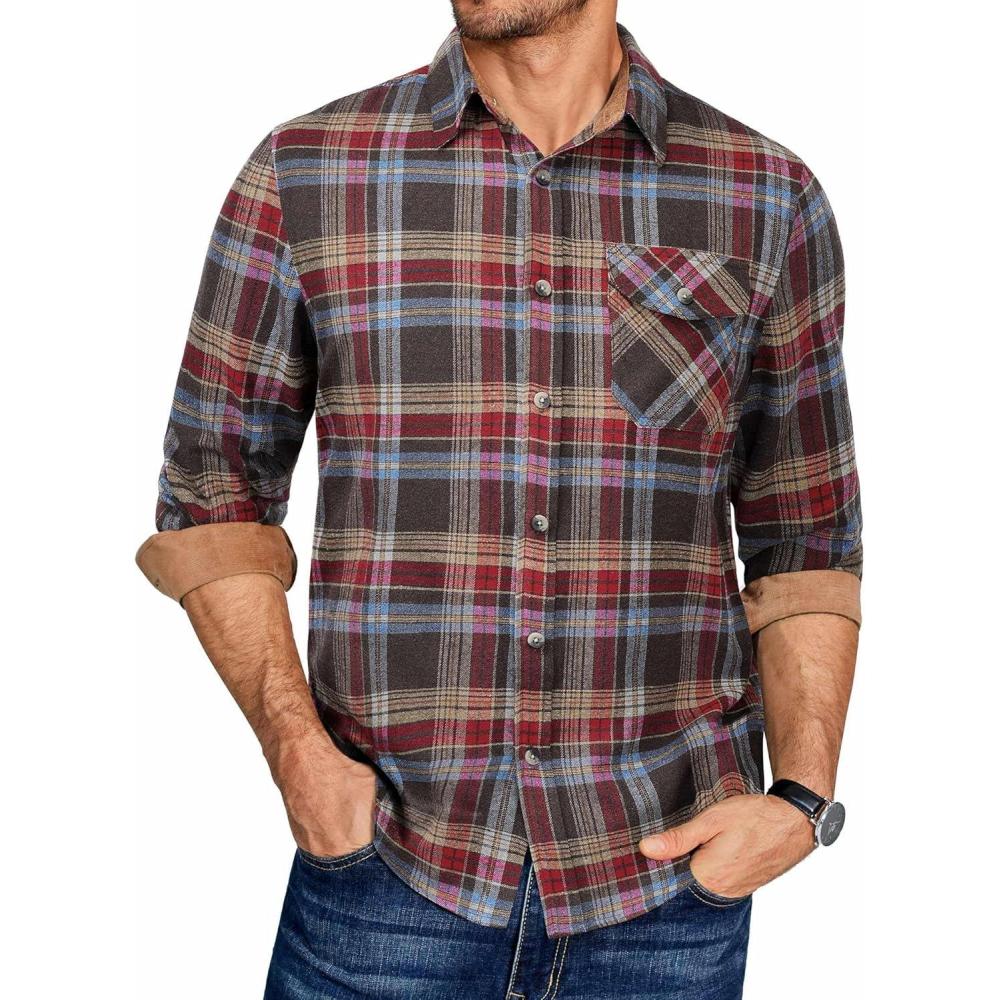 imageCOOFANDY Mens Plaid Long Sleeve Button Down ShirtBlue Brown Red Plaid