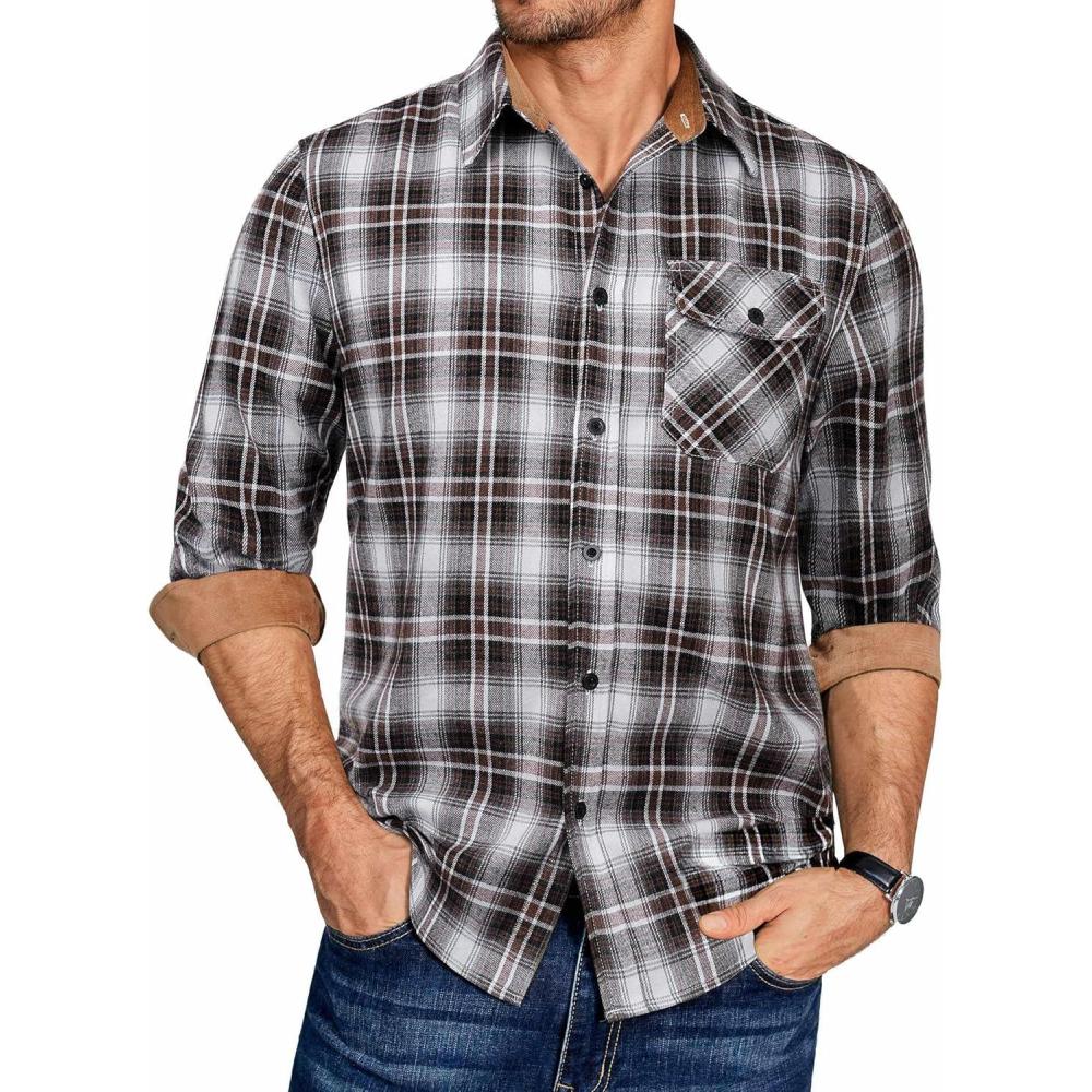 imageCOOFANDY Mens Plaid Long Sleeve Button Down ShirtBrown Black White Plaid