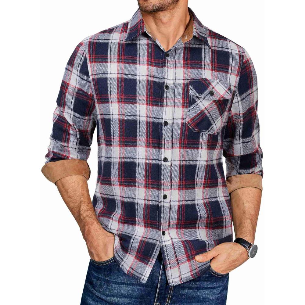 imageCOOFANDY Mens Plaid Long Sleeve Button Down ShirtNavy Red White Plaid
