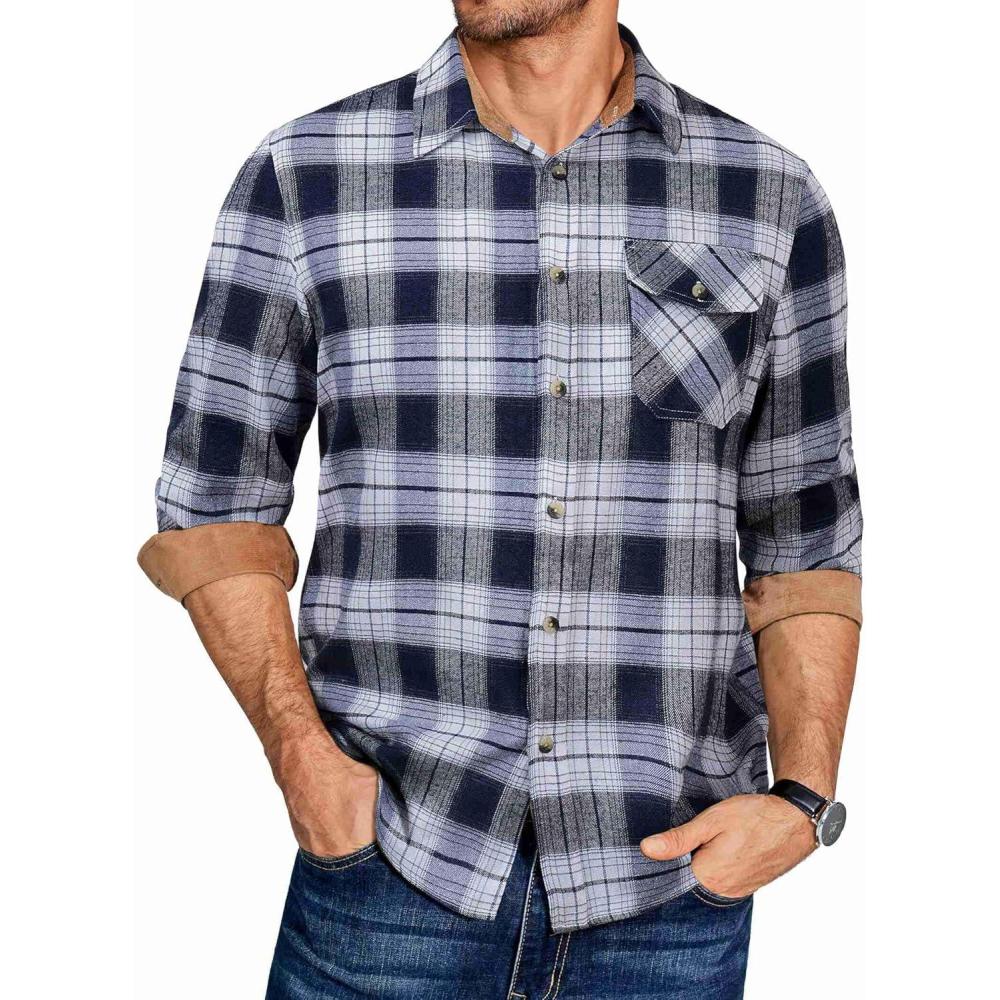 imageCOOFANDY Mens Plaid Long Sleeve Button Down ShirtNavy White Plaid
