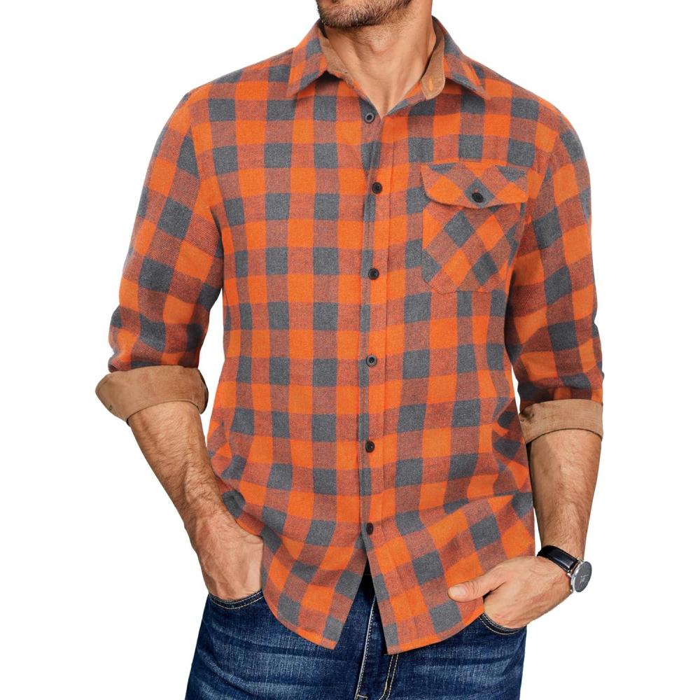 imageCOOFANDY Mens Plaid Long Sleeve Button Down ShirtOrange Grey Plaid