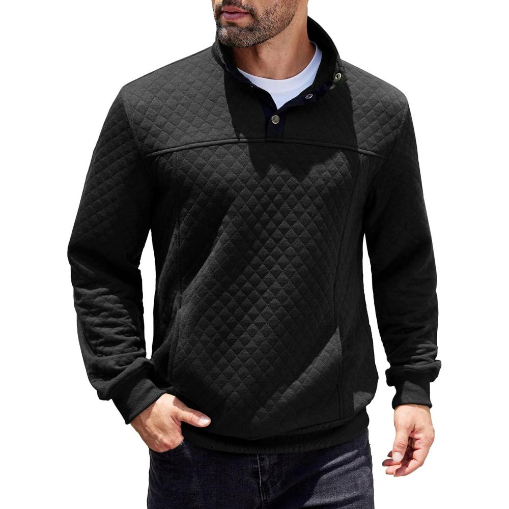 imageCOOFANDY Mens Quarter Sweatshirt Quilted Long Sleeve Mock Neck Active Sweater Waffle Pullover Polo Shirts With PocketsBlack