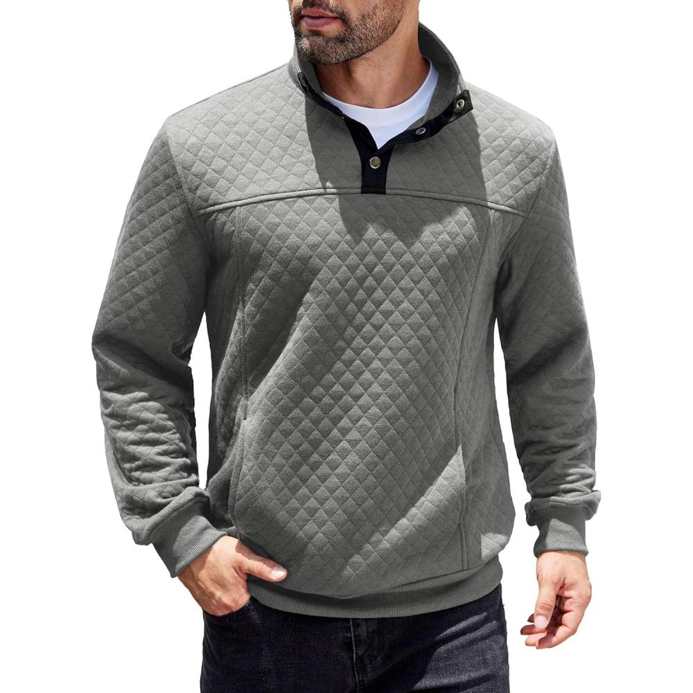 imageCOOFANDY Mens Quarter Sweatshirt Quilted Long Sleeve Mock Neck Active Sweater Waffle Pullover Polo Shirts With PocketsLight Grey