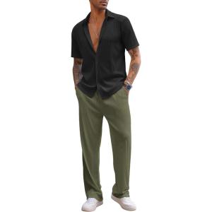 COOFANDY Men’s 2 Piece Outfit Casual Short Sleeve Button Down Shirt Beach Summer Loose Pant Sets(Black Army Green)