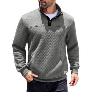 COOFANDY Mens Quarter Sweatshirt Quilted Long Sleeve Mock Neck Active Sweater Waffle Pullover Polo Shirts With Pockets(Light Grey)