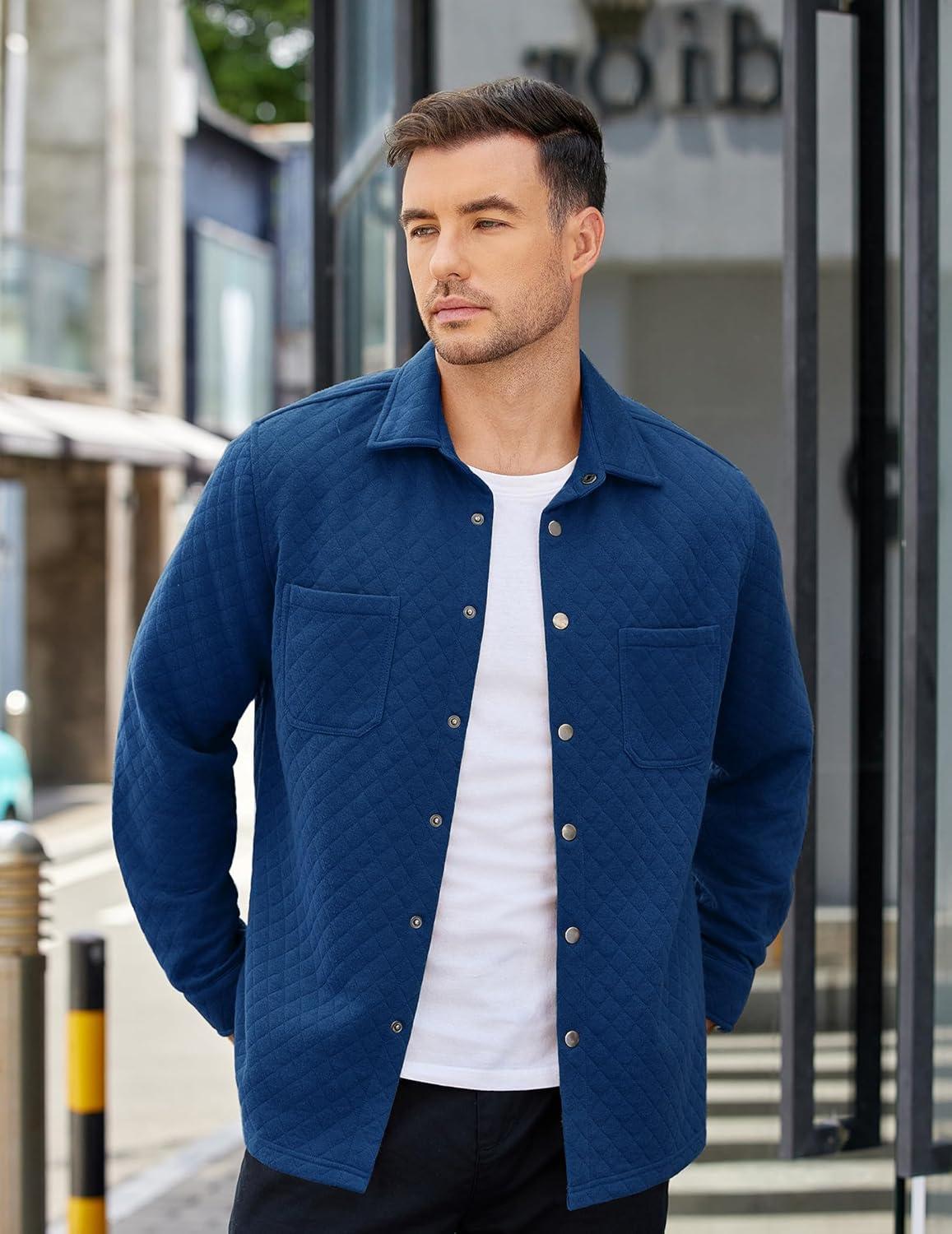 imageCOOFANDY Mens Shacket Long Sleeve Shirt Jacket with Pockets Lightweight Quilted Overshirt