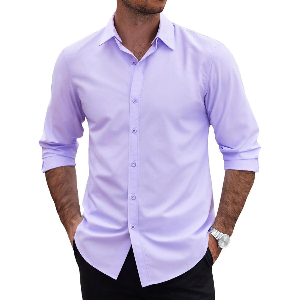 imageCOOFANDY Mens 2in1 Dress Shirts Detachable Collar Long Sleeve Wrinkle Free Shirt Business Casual Button Down ShirtLilac