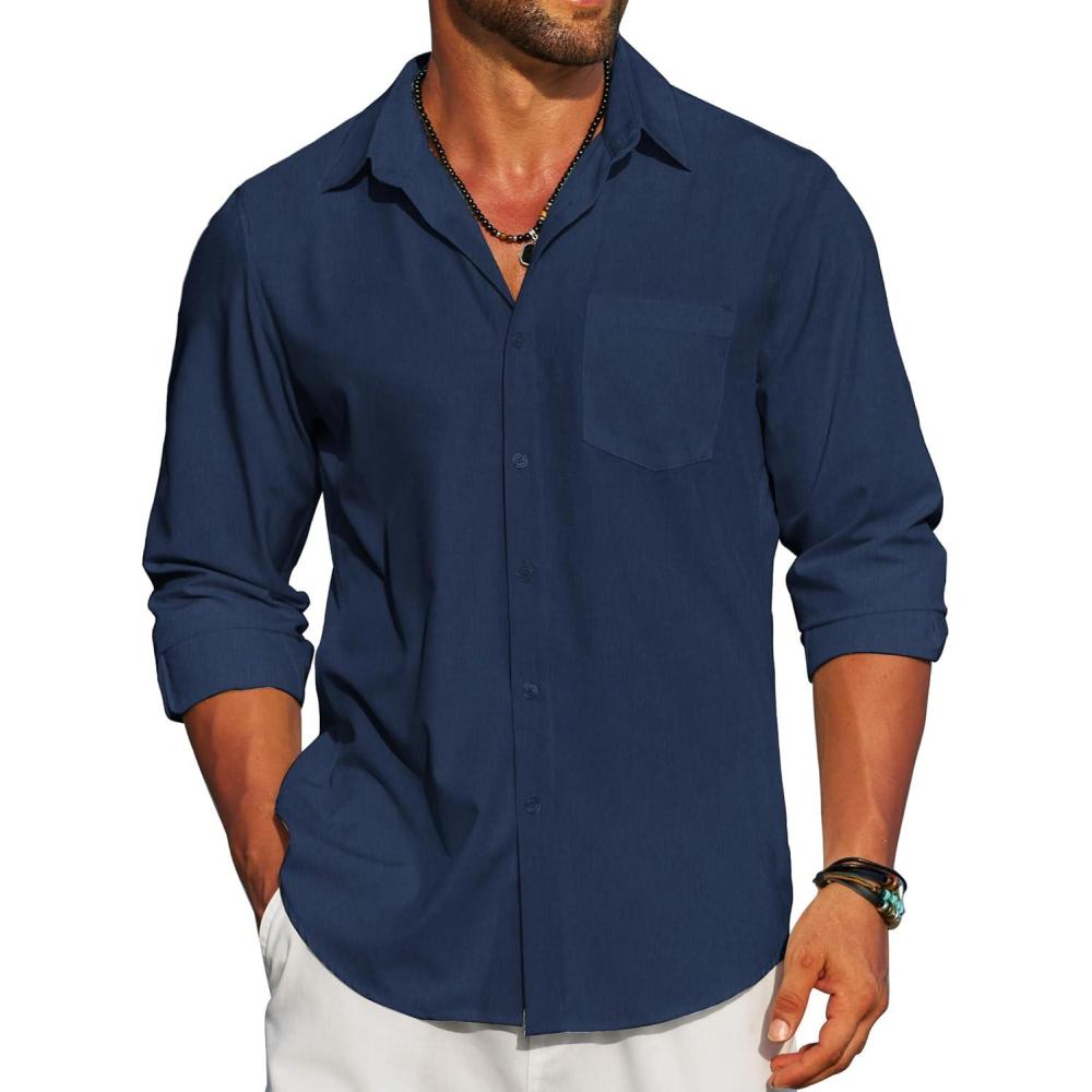 imageCOOFANDY Mens Linen Long Sleeve Shirts Casual Button Down Untucked Shirt Vacation Wedding Shirts with PocketNavy Blue