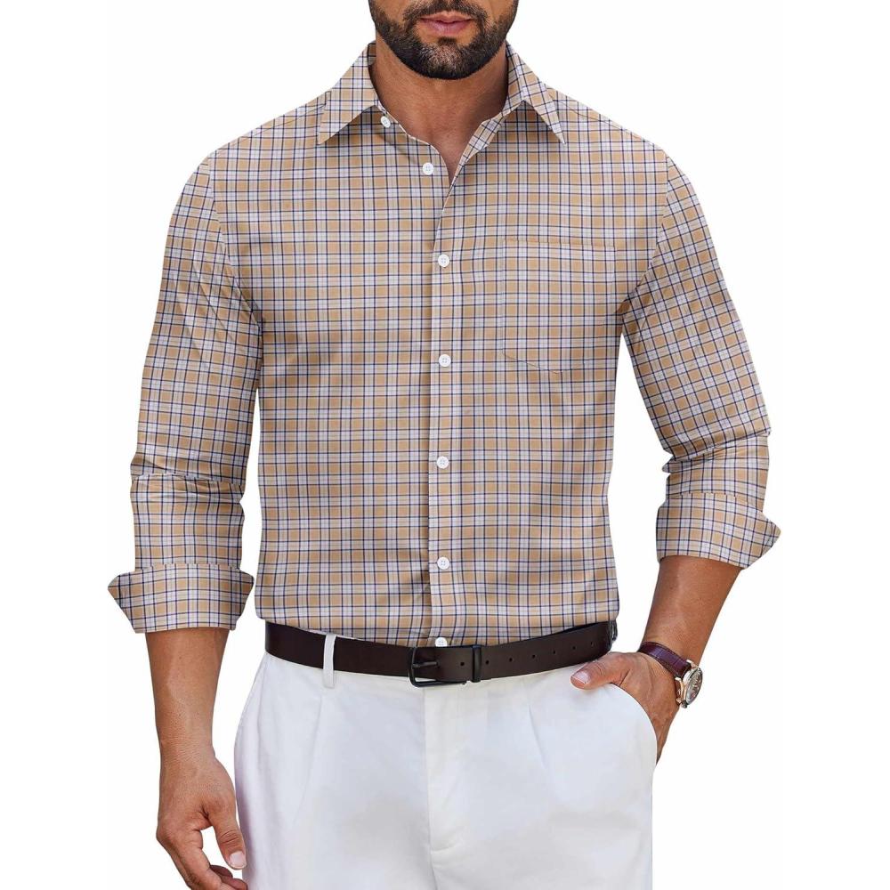 imageCOOFANDY Mens Long Sleeve Plaid Button Down Dress ShirtKhaki Plaid