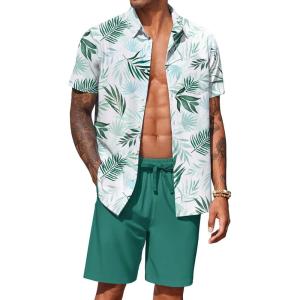 COOFANDY Men’s Hawaiian 2 Piece Outfits Summer Beach Matching Set Short Sleeve Floral Shirts and Shorts(Leaf Light Green)