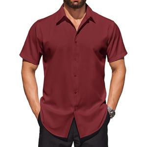 COOFANDY Mens Short Sleeve Dress Shirts Stretch Wrinkle Free Button Down Shirt Casual Summer Top(Wine Red)