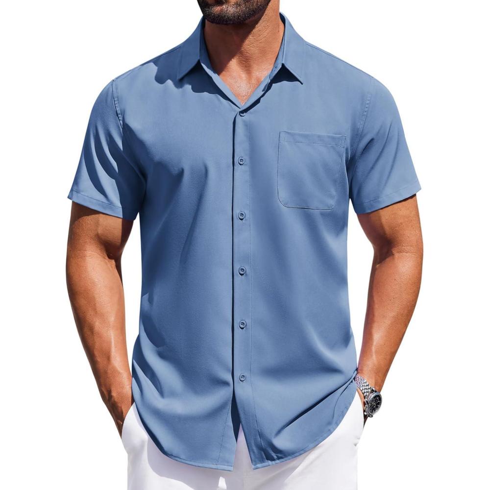 imageCOOFANDY Mens Short Sleeve Dress Shirts Button Down Shirts Regular Fit Business Casual Shirt with PocketCaptain Blue