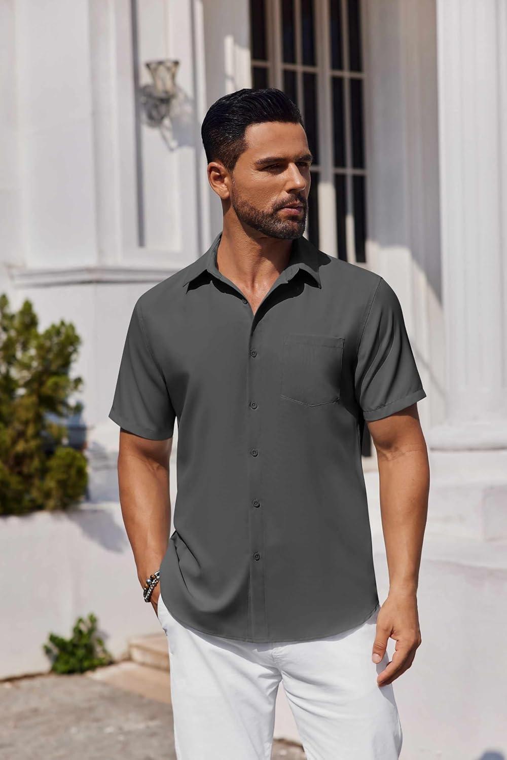 imageCOOFANDY Mens Short Sleeve Casual Button Down Shirts Summer Untucked Dress Shirts Dark Grey