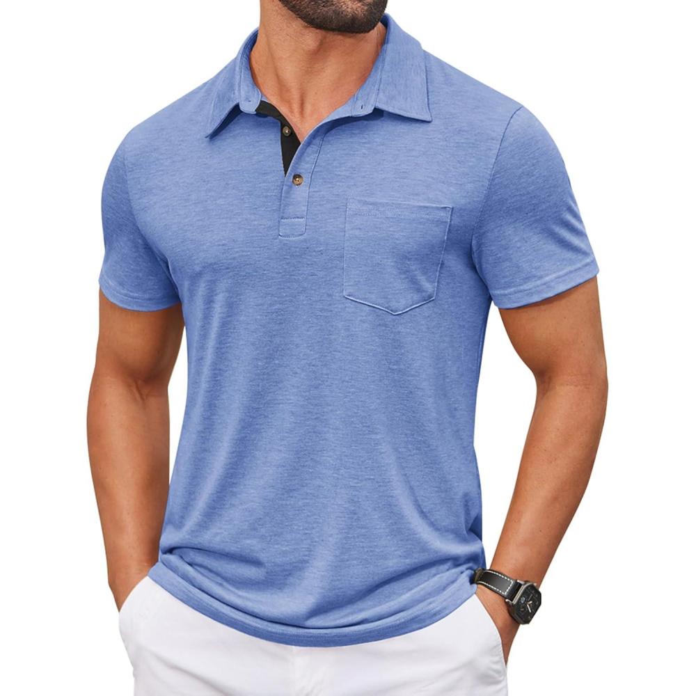 imageCOOFANDY Men Short Sleeve Polo Shirt Casual Summer Collar Shirts Dress Button Polo T Shirt Classic Golf ShirtsBlue