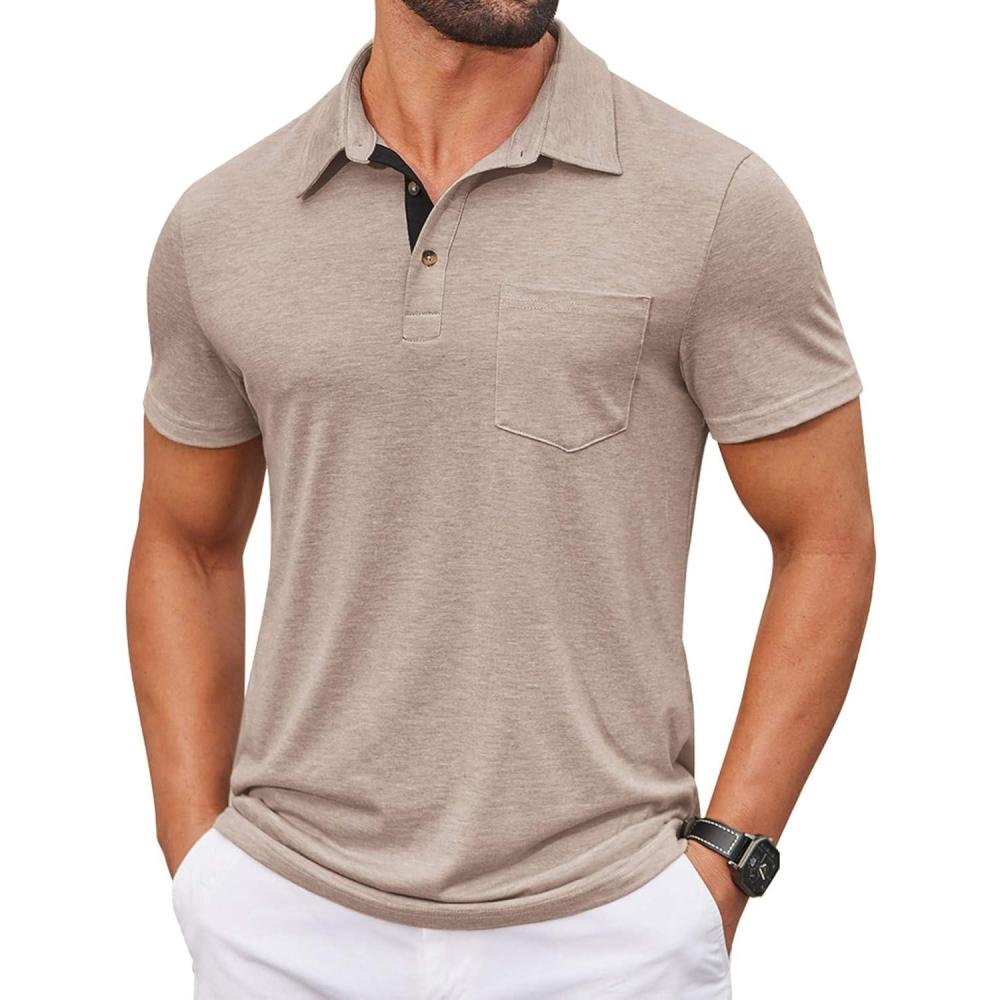 imageCOOFANDY Men Short Sleeve Polo Shirt Casual Summer Collar Shirts Dress Button Polo T Shirt Classic Golf ShirtsKhaki