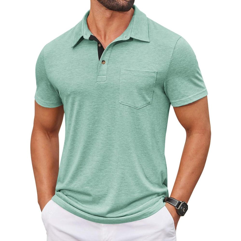 imageCOOFANDY Men Short Sleeve Polo Shirt Casual Summer Collar Shirts Dress Button Polo T Shirt Classic Golf ShirtsLight Green