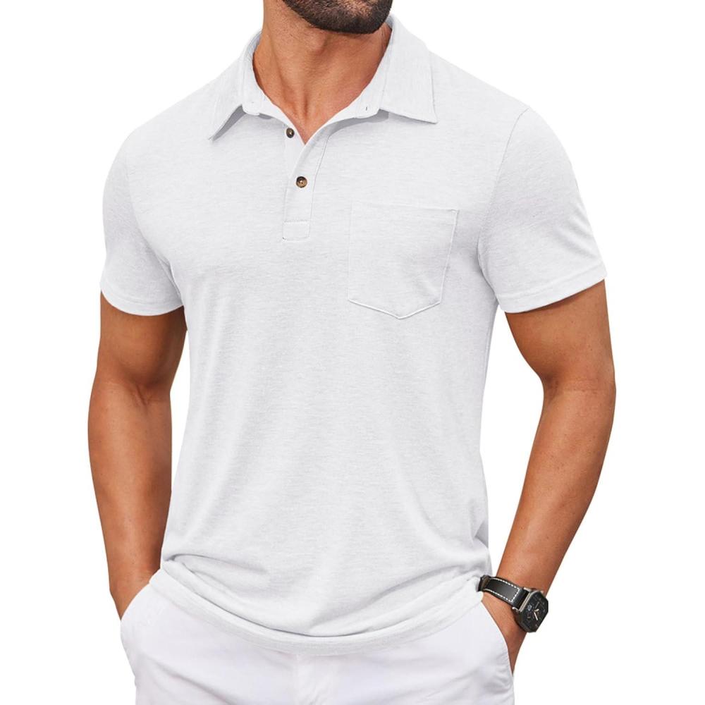imageCOOFANDY Men Short Sleeve Polo Shirt Casual Summer Collar Shirts Dress Button Polo T Shirt Classic Golf ShirtsWhite