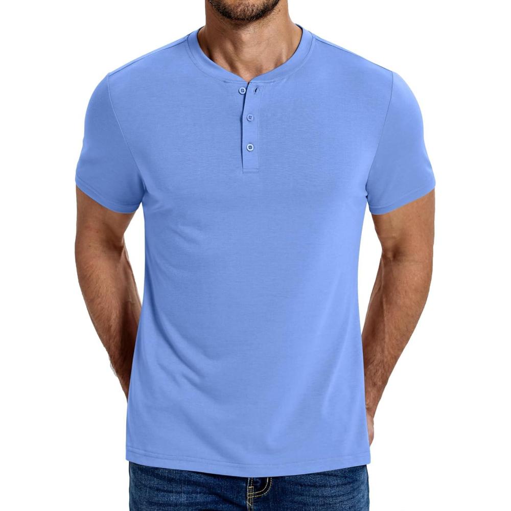 imageCOOFANDY Mens Henley Shirts Cotton Short Sleeve Casual TShirt Button Henley Basic Tee Lightweight Summer TopLight Blue