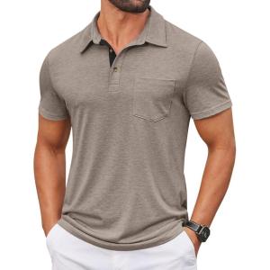 COOFANDY Men Short Sleeve Polo Shirt Casual Summer Collar Shirts Dress Button Polo T Shirt Classic Golf Shirts(Beige)