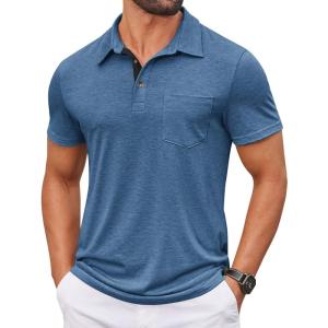 COOFANDY Men Short Sleeve Polo Shirt Casual Summer Collar Shirts Dress Button Polo T Shirt Classic Golf Shirts(Deep Blue)