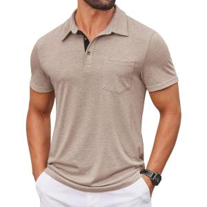 COOFANDY Men Short Sleeve Polo Shirt Casual Summer Collar Shirts Dress Button Polo T Shirt Classic Golf Shirts(Khaki)