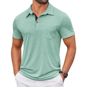 COOFANDY Men Short Sleeve Polo Shirt Casual Summer Collar Shirts Dress Button Polo T Shirt Classic Golf Shirts(Light Green)