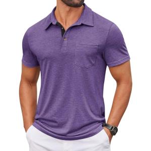 COOFANDY Men Short Sleeve Polo Shirt Casual Summer Collar Shirts Dress Button Polo T Shirt Classic Golf Shirts(Purple)