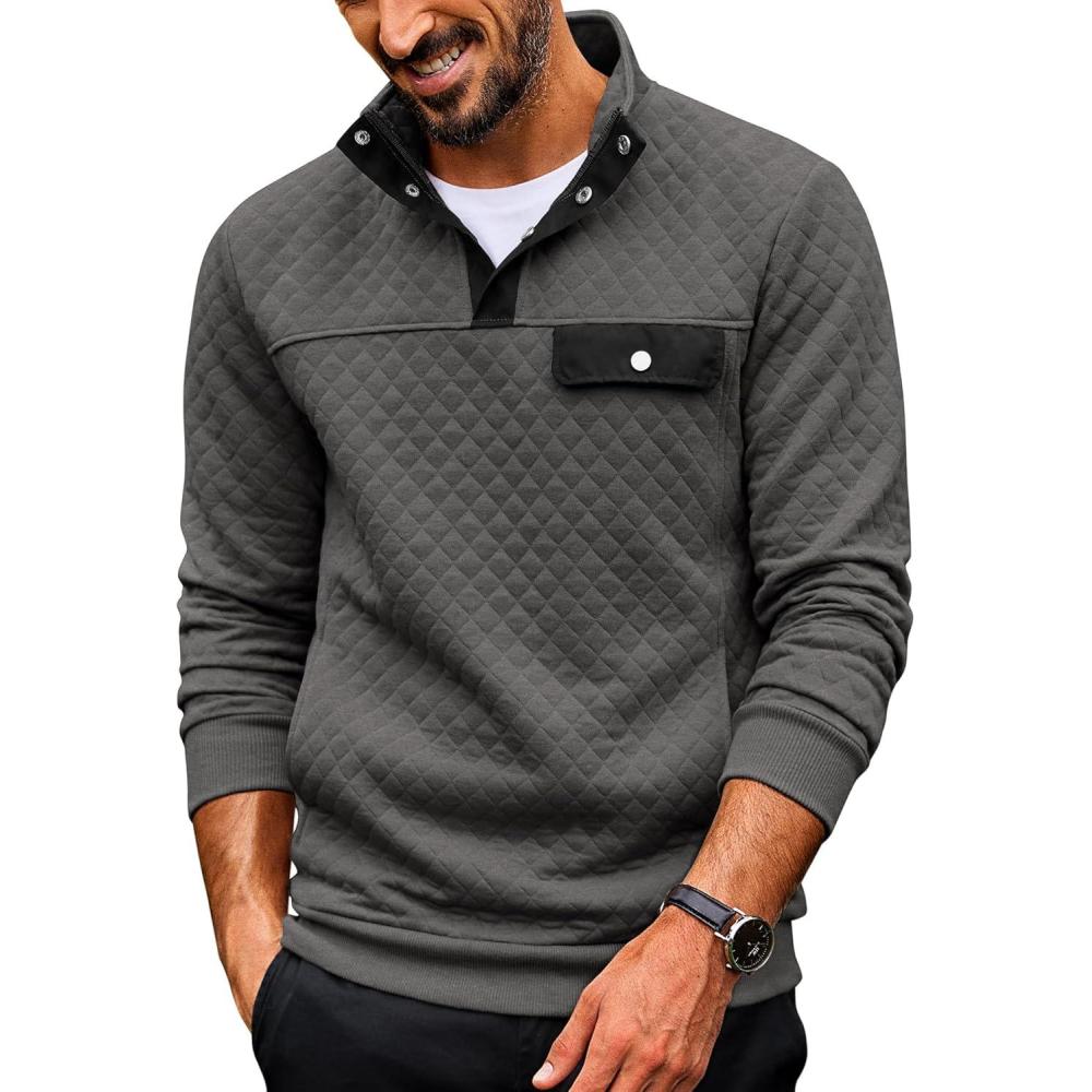 imageCOOFANDY Quilted Sweatshirts for Men Quarter Button Pullover Sweatshirt Stand Collar Outdoor Polo with PocketsDark Grey