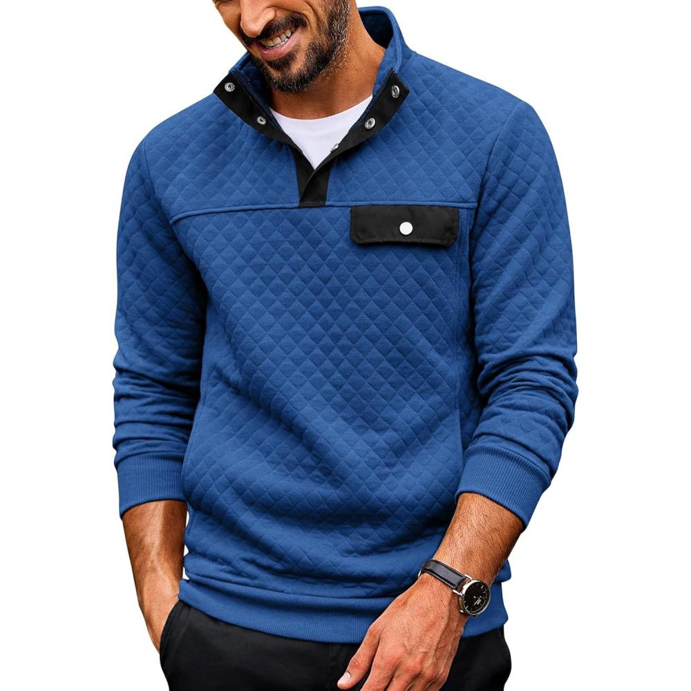 imageCOOFANDY Quilted Sweatshirts for Men Quarter Button Pullover Sweatshirt Stand Collar Outdoor Polo with PocketsEstate Blue