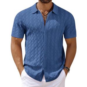 COOFANDY Men’s Knit Short Sleeve Shirts Button Down Vintage Knitted Polo Shirt Casual Beach Crochet Cable Vacation Shirt(Denim Blue)