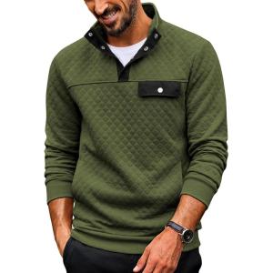 COOFANDY Quilted Sweatshirts for Men Quarter Button Pullover Sweatshirt Stand Collar Outdoor Polo with Pockets(Army Green)