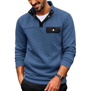 COOFANDY Quilted Sweatshirts for Men Quarter Button Pullover Sweatshirt Stand Collar Outdoor Polo with Pockets(Blue)