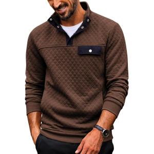 COOFANDY Quilted Sweatshirts for Men Quarter Button Pullover Sweatshirt Stand Collar Outdoor Polo with Pockets(Browm)