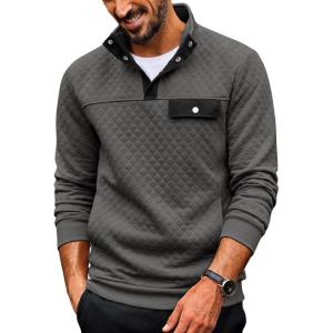 COOFANDY Quilted Sweatshirts for Men Quarter Button Pullover Sweatshirt Stand Collar Outdoor Polo with Pockets(Dark Grey)