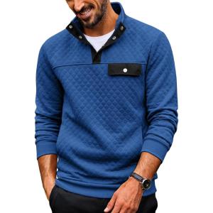 COOFANDY Quilted Sweatshirts for Men Quarter Button Pullover Sweatshirt Stand Collar Outdoor Polo with Pockets(Estate Blue)