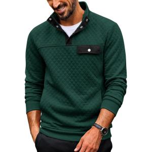 COOFANDY Quilted Sweatshirts for Men Quarter Button Pullover Sweatshirt Stand Collar Outdoor Polo with Pockets(Green)