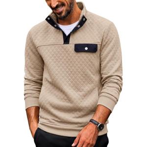 COOFANDY Quilted Sweatshirts for Men Quarter Button Pullover Sweatshirt Stand Collar Outdoor Polo with Pockets(Khaki)