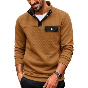 COOFANDY Quilted Sweatshirts for Men Quarter Button Pullover Sweatshirt Stand Collar Outdoor Polo with Pockets(Light Brown)