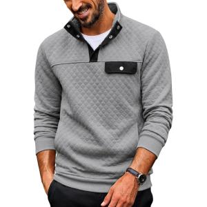 COOFANDY Quilted Sweatshirts for Men Quarter Button Pullover Sweatshirt Stand Collar Outdoor Polo with Pockets(Light Grey)